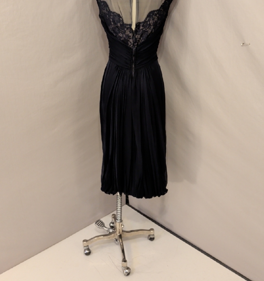 40s 50s Elegant Navy Sheer Lace Yoke Chiffon Drapef Bubble Hem Cocktail Dress - Picture 5 of 16